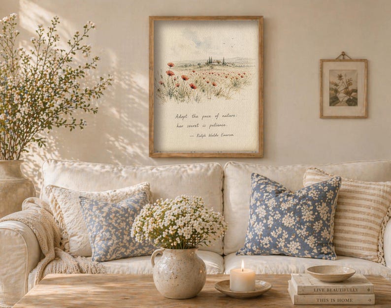 May include: A framed print with a watercolor landscape of a field of red poppies and the text "Adapt the pace of nature, her secret is patience." A small framed botanical print hangs to the right.