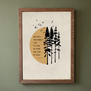 John Muir Zitat, Und in den Wald I Go, Retro Sonne Illustration, druckbare Natur Wandkunst, Geschenk für Naturliebhaber, digitaler Download. Bild 2