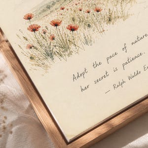 May include: A framed watercolor print featuring a field of red poppies and the quote "Adopt the pace of nature: her secret is patience." The artwork has a light beige background and a natural wood frame.