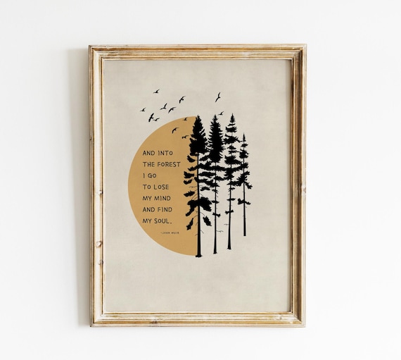 John Muir Quote, And into the Forest I Go, Retro Sun Illustration, Printable Nature Wall Art, Gift for Nature lover, Digital Download.