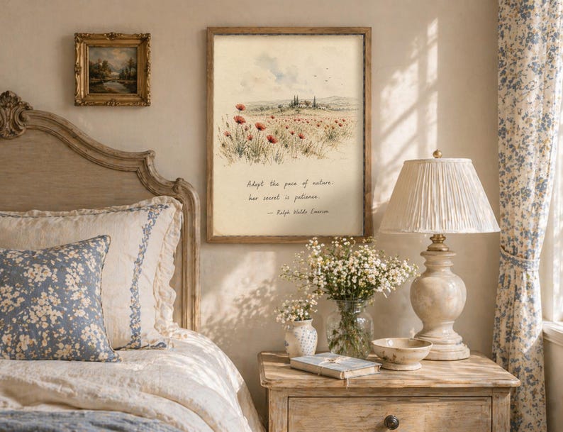 May include: A bedroom scene featuring a bed with a floral pillow and a framed print with a field of red poppies. A bedside table holds a lamp, a vase of flowers, and a small bowl. The print includes the quote: "Adopt the pace of nature, her secret is patience."