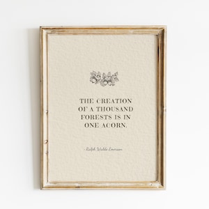 Cytat Ralpha Waldo Emersona, Stworzenie tysiąca lasów, Vintage Botanical Print, Minimalistyczny wystrój vintage, Sztuka na drzewie żołędziowym, Cyfrowy.