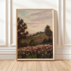 Moody Wildflower Field Print, Burgundy Landscape Wall Art, Vintage Oil Painting Style, Farmhouse Decor,   Moody Red Pastoral Scenery Digital
