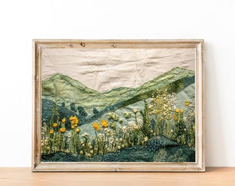 Patchwork Mountain Landscape Art Print: Cozy Cottagecore Wall Decor (Digital Download)