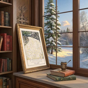 May include: A framed print of a snowy path through a forest, with the text "You can only hold fast to the things you truly believe in and the things you truly believe in will always be with you" and the signature "C.S. Lewis". The print is on a wooden shelf next to a window with a view of a snowy forest.