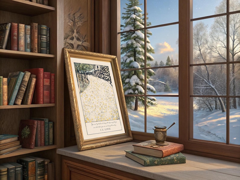 May include: A framed print of a snowy path through a forest, with the text "You can only hold fast to the things you truly believe in and the things you truly believe in will always be with you" and the signature "C.S. Lewis". The print is on a wooden shelf next to a window with a view of a snowy forest.