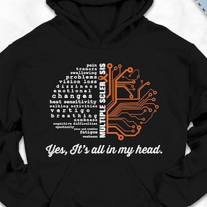 May include: Black hoodie with the text "Yes, It's all in my head." and a brain graphic with the words "MULTIPLE SCLEROSIS" and related symptoms. The hoodie is surrounded by a scarf, shoes, jeans, and a backpack.
