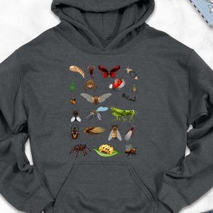 May include: A dark gray hoodie featuring a collection of colorful insect illustrations. The hoodie has a front pocket and a hood. The text at the bottom of the image reads: "HOODIE COLORS MAY LOOK SLIGHTLY DARKER OR LIGHTER IN PHOTOS."