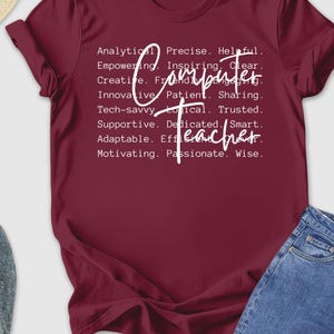 May include: A maroon t-shirt with the words "Computer Teacher" in white script. The shirt is paired with blue jeans, gray sneakers, and a straw hat with sunglasses. A camera and a small potted plant are also visible.