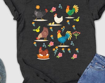 Chicken Cottagecore Shirt, Floral Chicken Shirt, Faux Embroidery Chicken Tee, Farmhouse Aesthetic T-Shirt, Rustic Country Shirt, Farm Animal