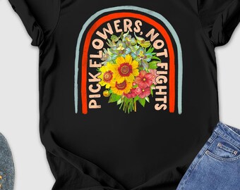 Camiseta "Recoge flores, no peleas", camisetas retro motivacionales, camiseta de positividad, camiseta genial, camiseta de "No peleas", camiseta de amabilidad, camiseta antibullying