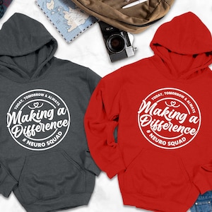 two hooded sweatshirts with the same design, one gray and one red, laid out on a marble surface along with various other items such as a camera, a plant, and a pair of shoes.
