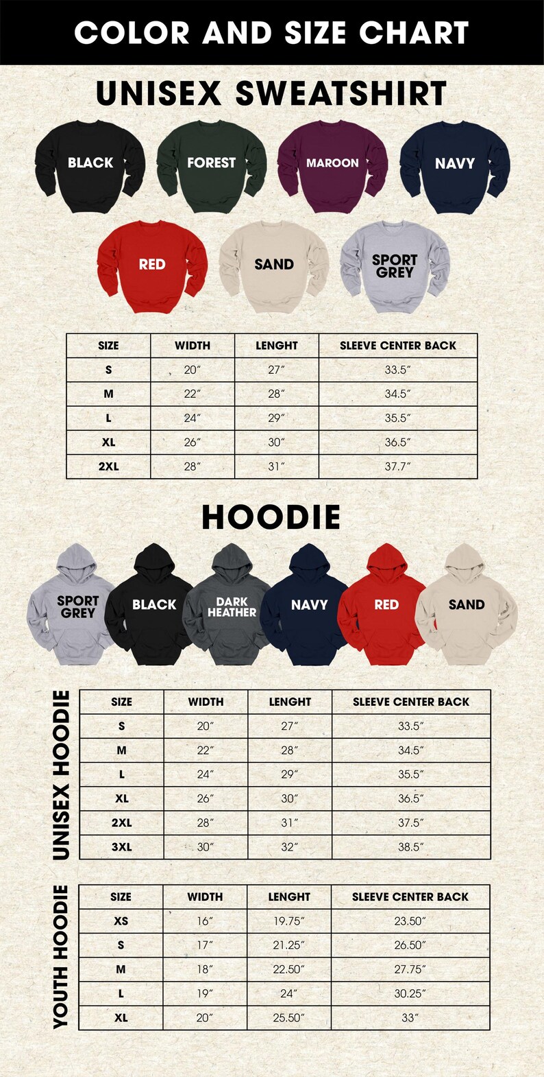 The image is a color and size chart for a unisex sweatshirt, displaying various color options and corresponding sizes for different styles.