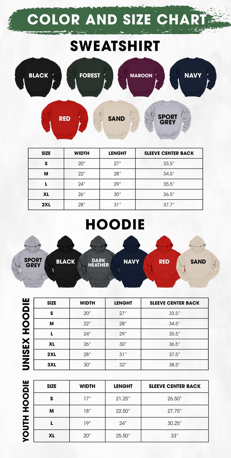 May include: Size chart for sweatshirts and hoodies in various colors, including black, forest green, maroon, navy, red, sand, and sport grey. The chart shows the width, length, and sleeve center back measurements for sizes S, M, L, XL, 2XL, and 3XL.