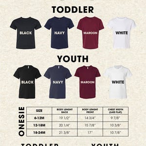 The image is a color and size chart that provides information about different types of t-shirts, including onesies, toddler shirts, and youth shirts. The chart includes size and color options for each type of shirt, along with corresponding measurements and descriptions.
