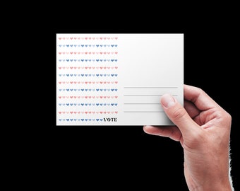May include: A white postcard with a pattern of blue and pink hearts. The postcard has lines for writing and the word "VOTE" printed at the bottom.