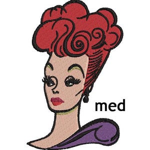 May include: Embroidered patch featuring a cartoon woman with red hair, a purple dress, and the word "med" in black text.