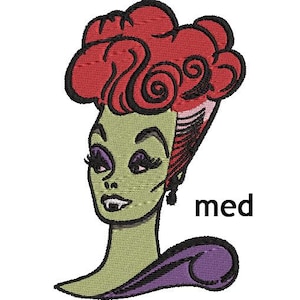 May include: An embroidered patch featuring a cartoon woman with green skin, red hair, and a purple dress. The text "med" is below the woman.