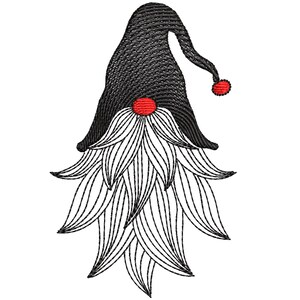 May include: Embroidered gnome design featuring a black hat with a red pom-pom and a red nose. The gnome has a long, flowing white beard with detailed line work. This whimsical design is perfect for holiday crafts and decor.