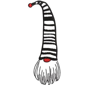 May include: Black and white striped gnome hat with a red pom-pom on top. The gnome has a white beard.