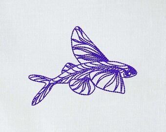 Flying fish with four wings jumping outline digital sewing machine embroidery design for instant download