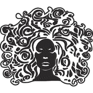 May include: Black and white silhouette of a person with curly hair. The hair is styled in a complex pattern of swirls and curls.