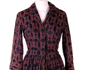 Edith Flagg 1960s Brown and Black Wool Dress W/ Floral Embellishments ...
