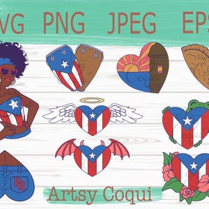 Boricua Hearts Layered SVG Cricut Datei, Herz Sonnenbrille, Empanadillas, Nalgas, coqui, el morro, Trommeln, Halo, Hörner, Blumen, PR Flagge