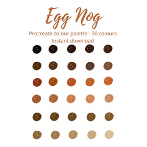 May include: A digital color palette for Procreate called "Egg Nog" with 30 shades of brown, orange, and black. The palette is arranged in rows of three colors, with the darkest shades at the top and the lightest shades at the bottom.