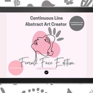 Peut inclure: L'écran d'une tablette numérique affiche un graphique rose et blanc avec un dessin au trait continu d'un visage féminin. Le texte "Continuous Line Abstract Art Creator Female Face Edition" est affiché à l'écran. Le texte "FOR PROCREATE" est également affiché à l'écran.
