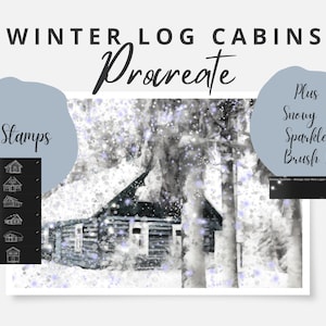 Winter Log Cabins Stamps for Procreate - X 6 Including Snowy Sparkle Brush - ¡Descarga instantánea!