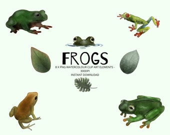 Frogs - 8 X watercolour clip art design elements - PNG 300 dpi - instant download