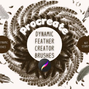 Puede incluir: Procreate Dynamic Feather Creator Brushes, un conjunto de 29 pinceles digitales para crear efectos de plumas realistas. Los pinceles se muestran en una disposición circular con un diseño de pluma en el centro. El texto "Procreate" está escrito en una fuente estilizada sobre el círculo, y el texto "Dynamic Feather Creator Brushes" está escrito debajo del círculo.
