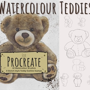 Ours en peluche aquarelle pour procréer - 42 peintures/mélanges/gouttes/éclaboussures, timbres et texture du papier et 8 timbres de croquis Téléchargement instantané !