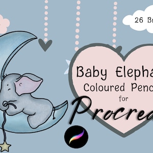 Pinceles de ilustración de lápices de colores de elefante bebé para Procreate X 26: pinceles dinámicos, texturas de papel y sellos de boceto: ¡descarga instantánea!