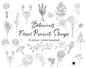 Botanical Flower Procreate Stamps - Rose, Daisy, Hydrangea (Digital Download)