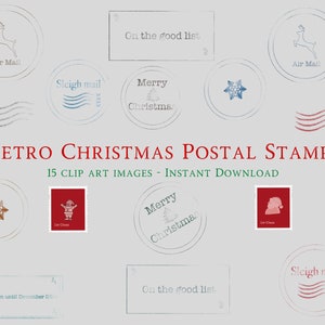 Clipart Retro Christmas Post / Znaczki pocztowe - elementy projektu - 16 X PNG 300 dpi - natychmiastowe pobranie - Renifer / Dobra lista!