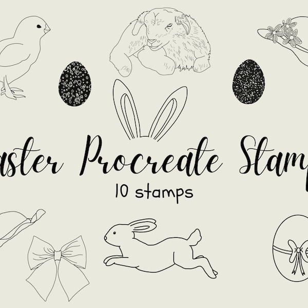 Procreate stamp digital brushes / stencils Easter - 10 brushes - Rabbit, Chick, Lamb, Eggs, Bow  instant download!
