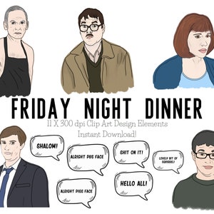 VRIJDAG NACHT Diner hand getekende illustratie illustratie- ontwerpelementen - 11 X PNG-bestanden - instant download (zip-bestanden)