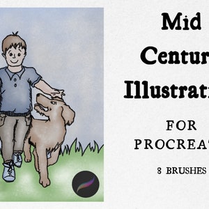 May include: A digital illustration of a boy and a dog in a mid-century style. The boy is wearing a blue shirt and brown trousers. The dog is brown and has a happy expression. The illustration is set against a blue and green background. Mid Century Illustration for Procreate 8 Brushes.