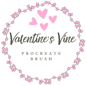 May include: A digital art graphic with the text "Valentine's Vine Procreate Brush" in a circular design. The design includes a wreath of pink heart-shaped leaves and four pink hearts on a white background.