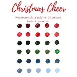 May include: A digital color palette for Procreate with 30 colors inspired by Christmas cheer. The palette includes shades of red, green, blue, and black.