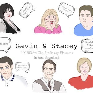 GAVIN & STACEY Handgetekende illustraties illustratie-ontwerpelementen - 11 X PNG-bestanden - instant download (zip-bestanden)