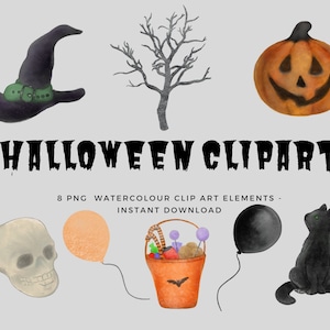Halloween watercolour clip art design elements- instant download graphics images X 8