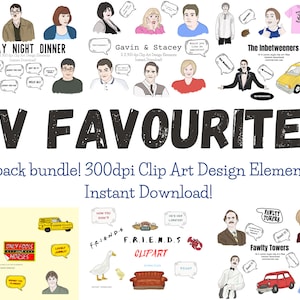 TV-favorieten - handgetekende illustraties illustratie-ontwerpelementen - 6-pack BUNDEL PNG-bestanden - instant download (zip-bestanden)