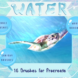 May include: A digital illustration of a sea turtle swimming in blue water with bubbles. The image is a product advertisement for 16 Procreate brushes for creating water effects, including bubbles, waves, and sun rays.