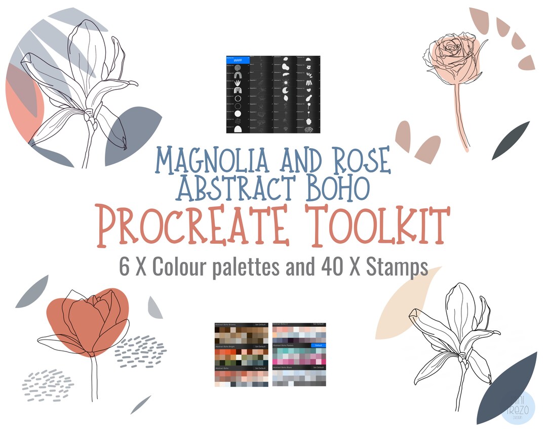 Boho Abstract Magnolia & Rose Procreate Hand Drawn Stamp Brush Set - 40 ...