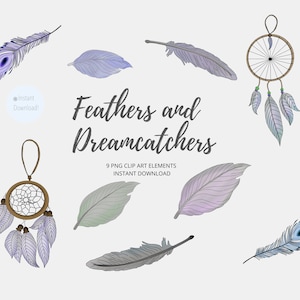Hand drawn clip art - FEATHERS/DREAMCATCHERS - design elements X 9 PNG files 300 dpi