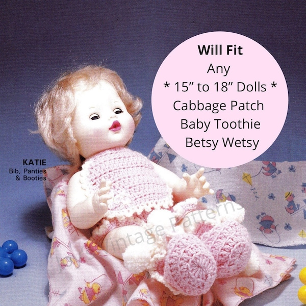 Vintage Crochet Pattern Baby Doll Outfit Clothes Booties Diaper & Bib Fits 15” - 18” Dolls Instant Digital Download PDF Cabbage Patch Kids