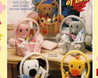 5 Vintage Crochet Easter Basket Patterns Bunny Rabbit Duck Bear Lamb Mouse Cuddly Animal Baskets 1980’s 1970’s Instant Digital Download PDF